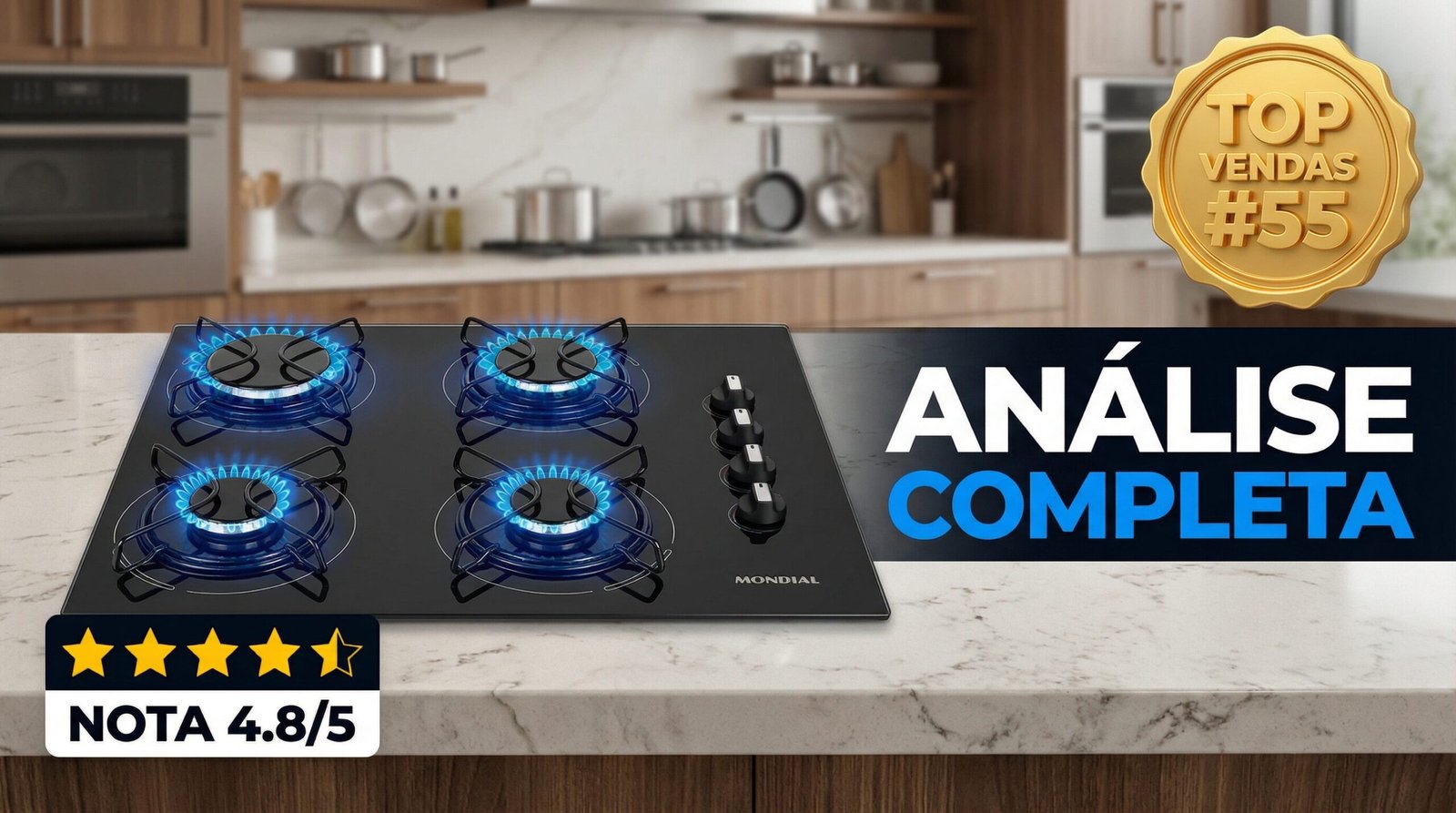 Cooktop Mondial 4 bocas a gás com acendimento automático e design em inox, nota 4.8 de 5