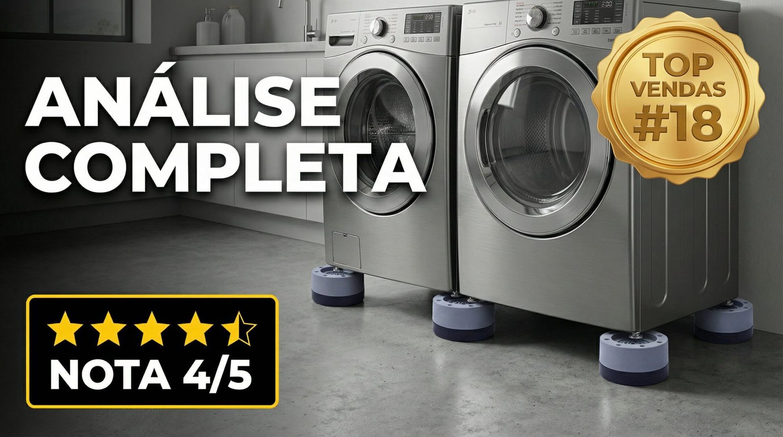 Calços de borracha redondos pretos usados para elevar lavadora e secadora, com selo de top vendas e avaliação de 4 estrelas