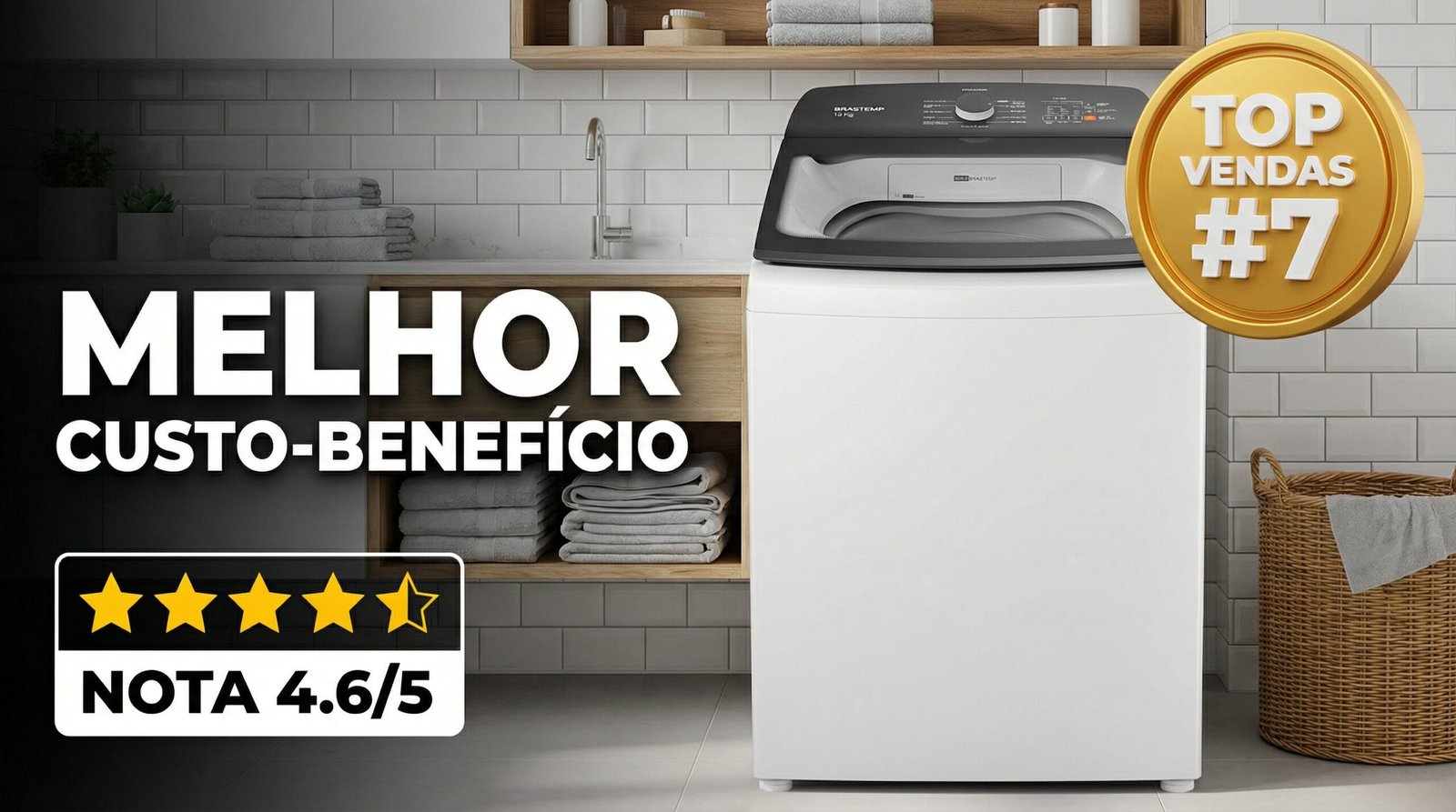 Máquina de Lavar Brastemp 13Kg em lavanderia moderna com destaque de melhor custo-benefício e avaliação 4.6 de 5