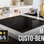 Cooktop de indução 4 bocas Dako Supreme 220v em cozinha moderna, com destaque para avaliação 4.5/5 e selo de top vendas