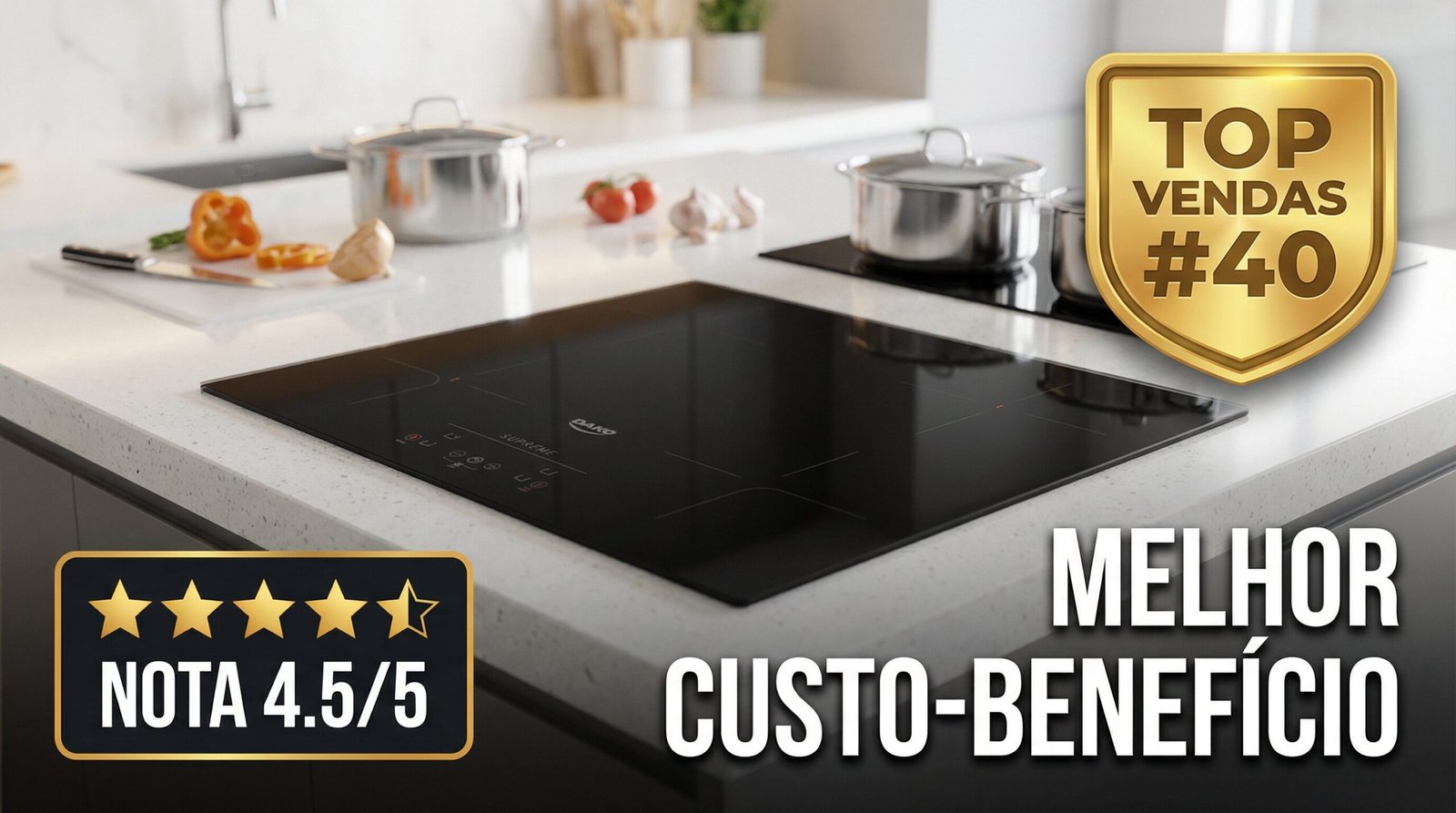 Cooktop de indução 4 bocas Dako Supreme 220v em cozinha moderna, com destaque para avaliação 4.5/5 e selo de top vendas