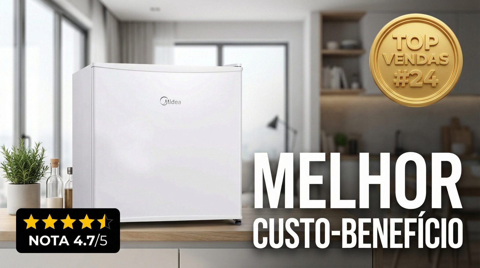 Frigobar Midea branco de 45 litros, modelo 220V, com selo de top vendas e nota 4.7 de 5 estrelas