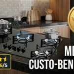 Cooktop 5 bocas a gás Fischer com mesa de vidro preto instalado em cozinha moderna