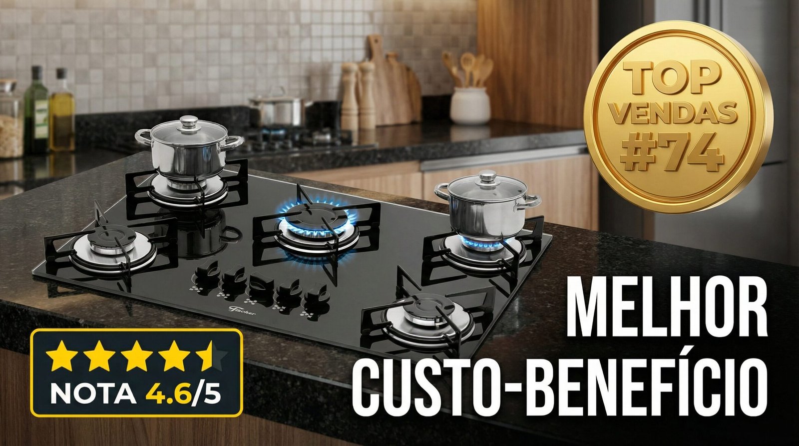 Cooktop 5 bocas a gás Fischer com mesa de vidro preto instalado em cozinha moderna