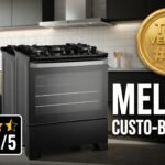 Fogão 5 bocas Electrolux preto Efficient com mesa de vidro, nota 5 de 5 em avaliação de clientes e selo de melhor custo-benefício