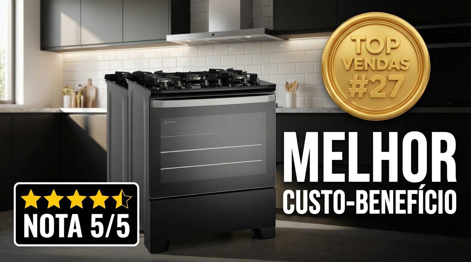 Fogão 5 bocas Electrolux preto Efficient com mesa de vidro, nota 5 de 5 em avaliação de clientes e selo de melhor custo-benefício