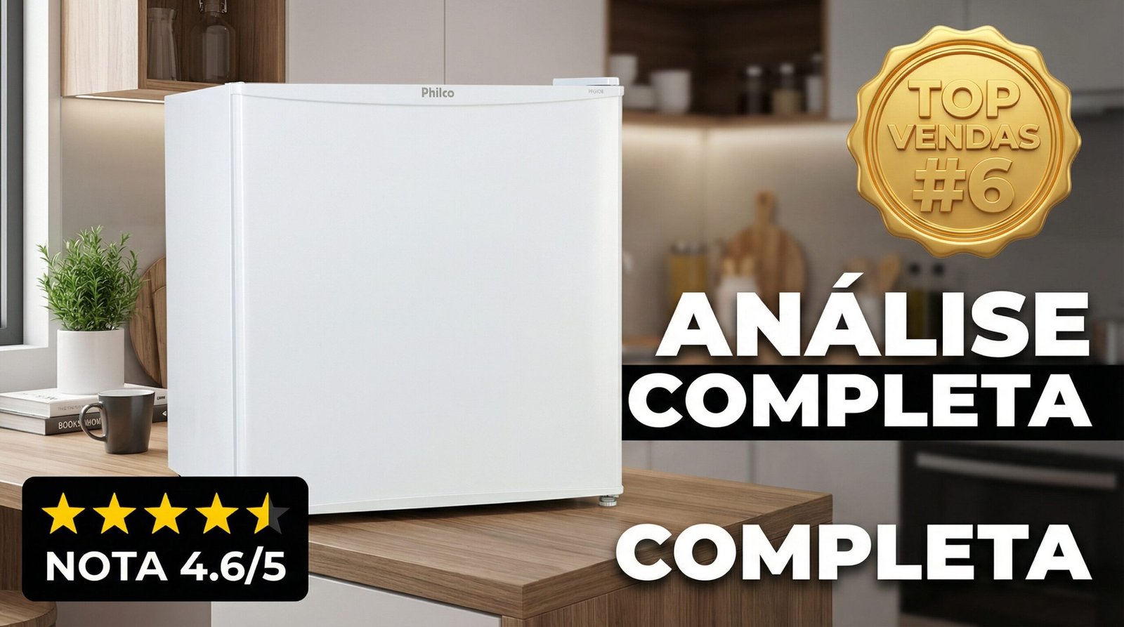 Frigobar Philco PFG50B Branco 47L sobre bancada de madeira em cozinha moderna com avaliação 4.6 de 5 estrelas