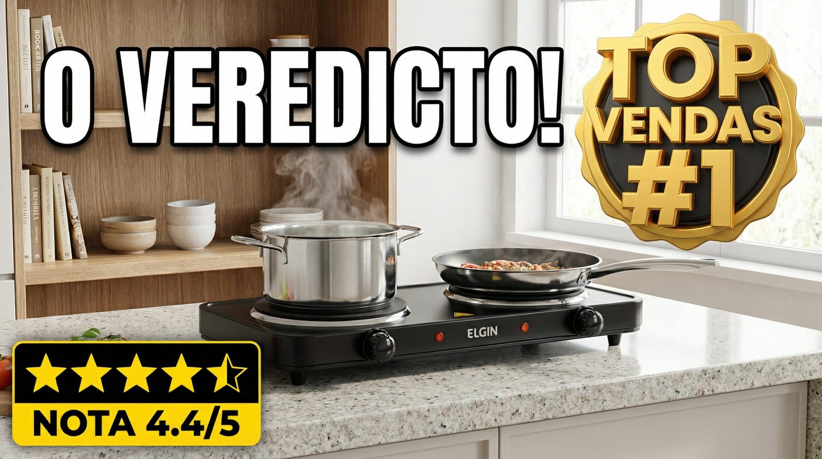 Fogão Elétrico Portátil Elgin Double Cook 2 Bocas em uso com panela e frigideira, avaliação 4.4 estrelas