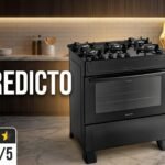 Fogão Atlas 5 bocas preto modelo Mônaco Top Glass em cozinha moderna, com selo de top vendas #32 e nota 4.7 de 5 estrelas