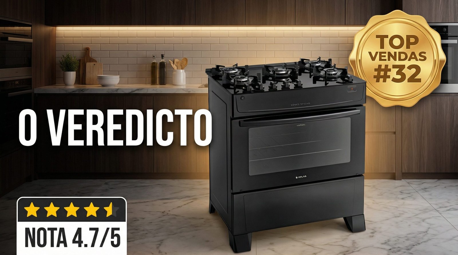 Fogão Atlas 5 bocas preto modelo Mônaco Top Glass em cozinha moderna, com selo de top vendas #32 e nota 4.7 de 5 estrelas