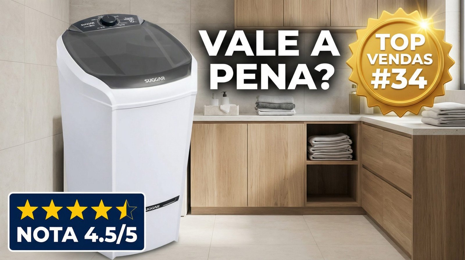 Lavadora de roupas Suggar Lavamax Eco 10kg 110V em lavanderia moderna com selo de Top Vendas #34 e nota 4.5 de 5.