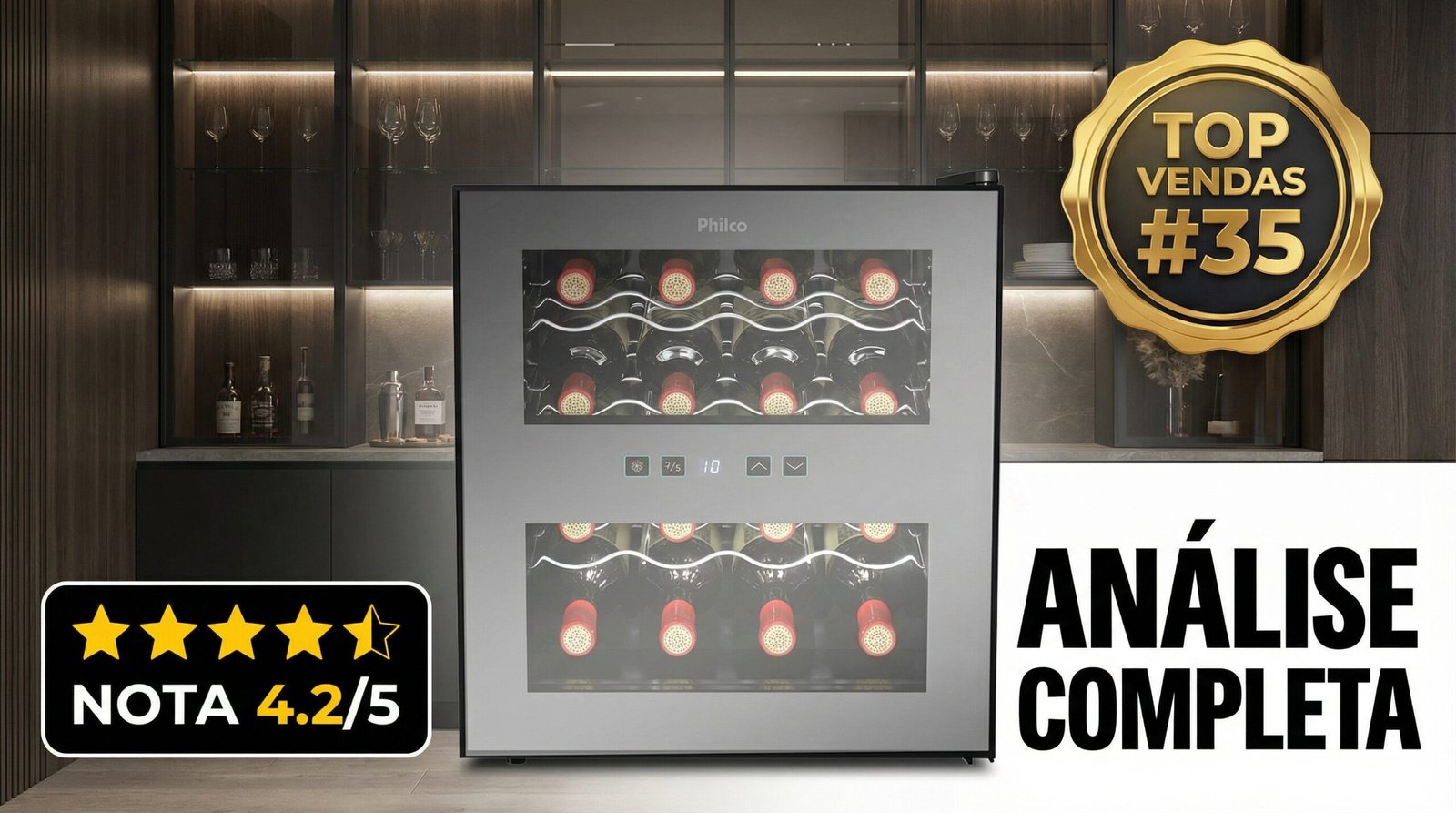Adega climatizada Philco PAD16E Bivolt com garrafas de vinho, nota 4.2 de 5 e selo de top vendas número 35