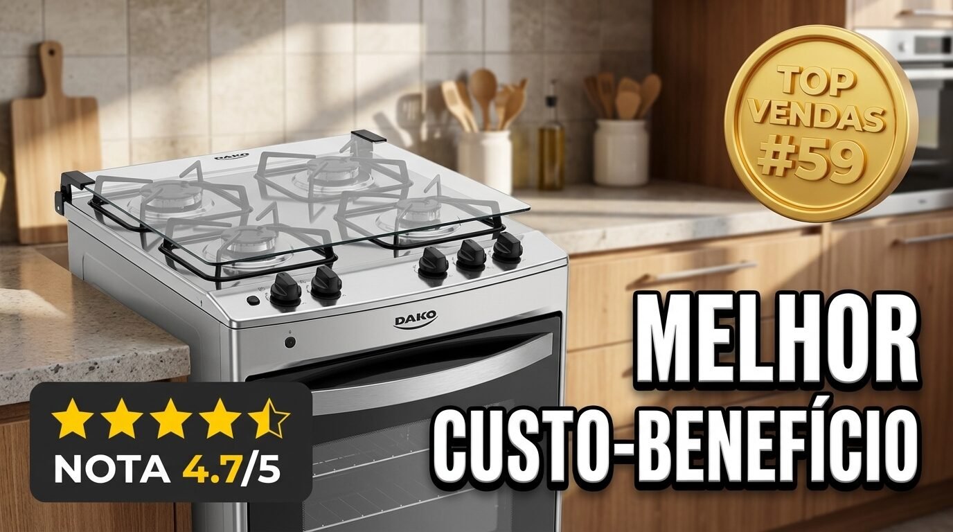 Fogão 4 bocas Dako Magister Style com mesa de vidro, mega chama e acabamento moderno em inox