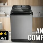 Máquina de lavar Panasonic 12kg modelo NA-F120B1T na cor titânio em ambiente de lavanderia moderna