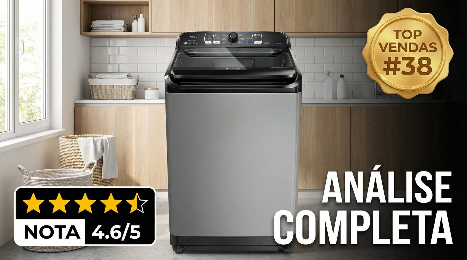 Máquina de lavar Panasonic 12kg modelo NA-F120B1T na cor titânio em ambiente de lavanderia moderna