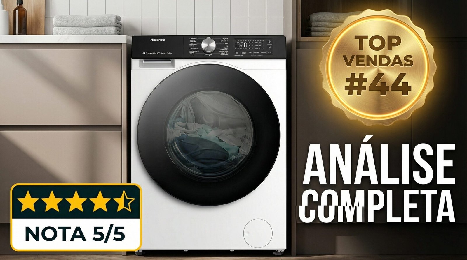 Máquina de Lavar e Secar Hisense 11kg/7kg modelo WD3S11-127V com painel digital e destaque para nota 5 estrelas