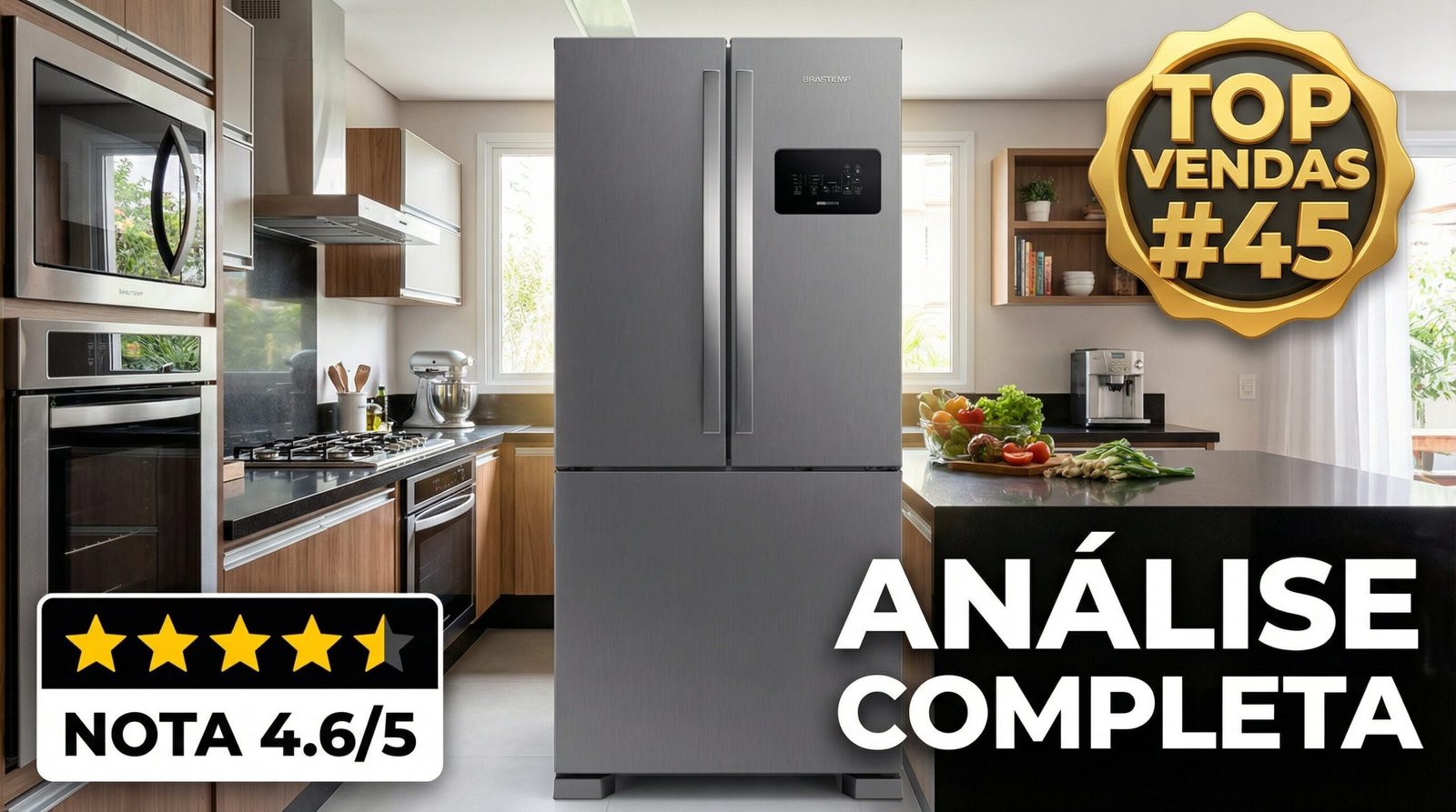 Geladeira Brastemp Frost Free French Door BRO85AK 554 litros Inox em cozinha moderna com destaque de avaliação 4.6 e selo Top Vendas #45