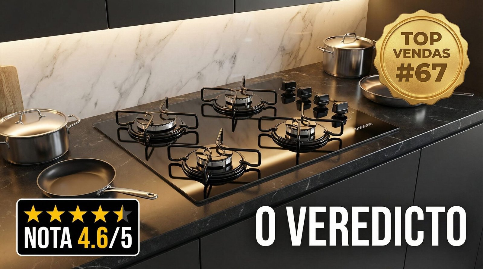 Cooktop Suggar com 4 queimadores esmaltados de tamanhos variados instalado em bancada moderna