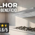 Depurador de Ar Suggar Slim 80cm instalado acima de um fogão, com destaque para avaliação 4.6/5 e selo de Top Vendas #47