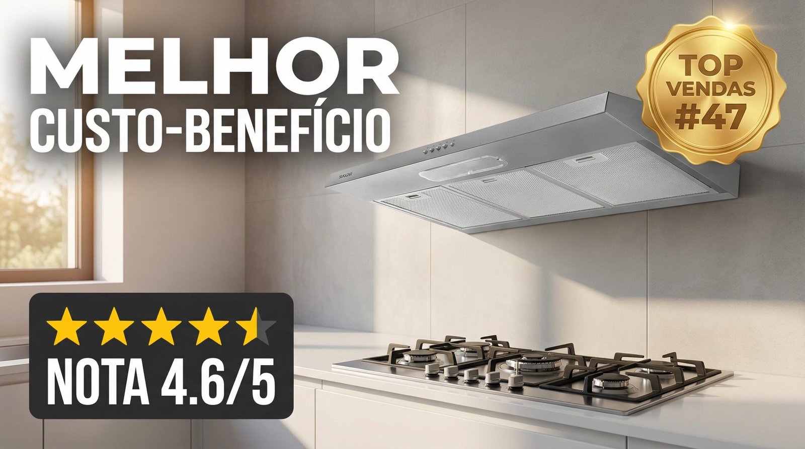 Depurador de Ar Suggar Slim 80cm instalado acima de um fogão, com destaque para avaliação 4.6/5 e selo de Top Vendas #47