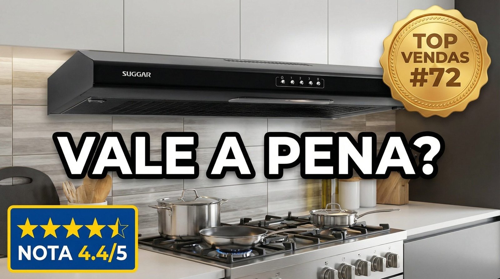 Depurador de ar Suggar Slim 80cm preto instalado acima de fogão com texto 'Vale a pena?' e selo de top vendas