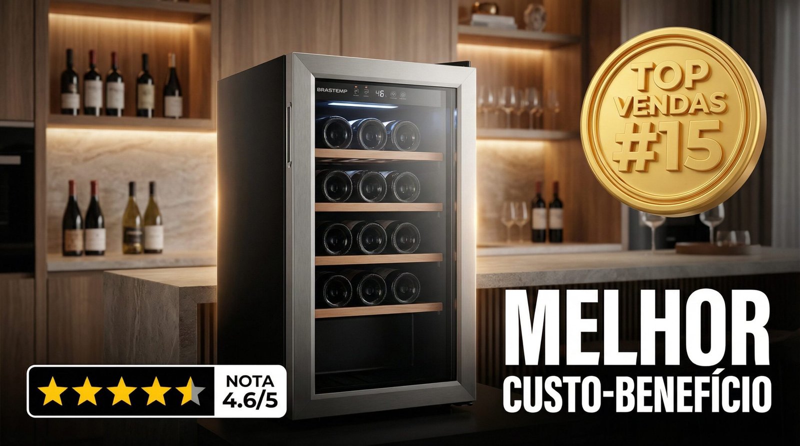 Adega Brastemp 12 garrafas com painel touch, indicada como melhor custo-benefício com nota 4.6 de 5